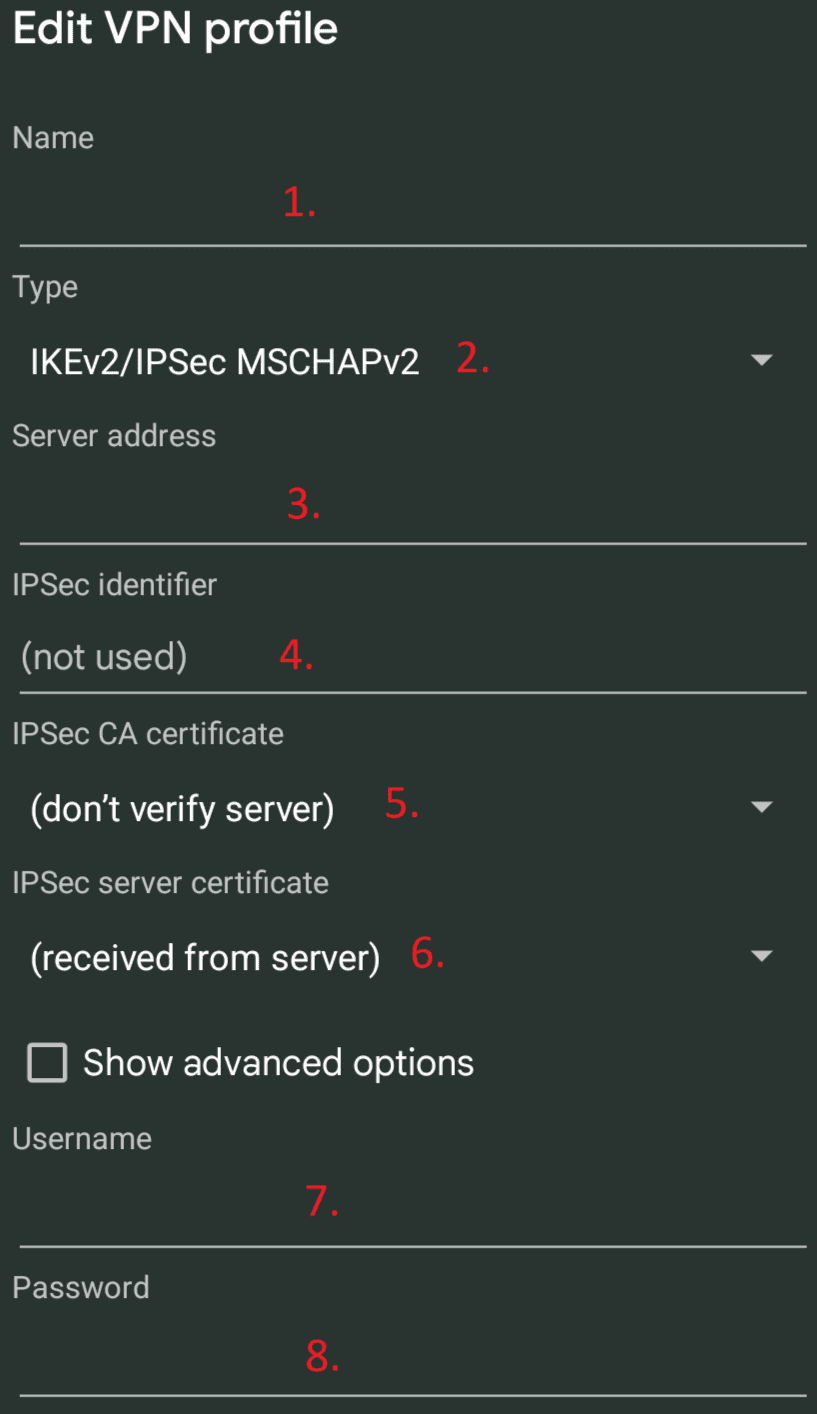 Native IKEv2-VPN-Profilfelder von Android, nummeriert von eins bis acht