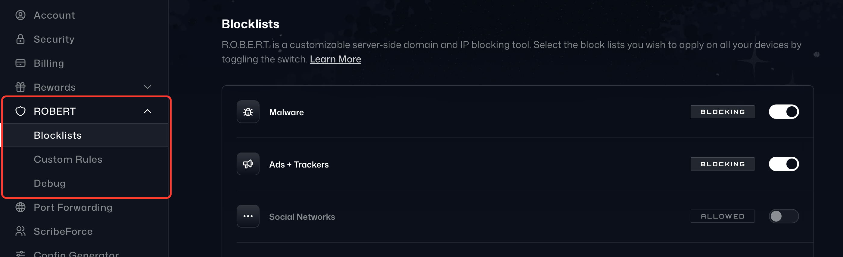 The R.O.B.E.R.T. group highlighted in the My Account sidebar, with its Blocklists tab open