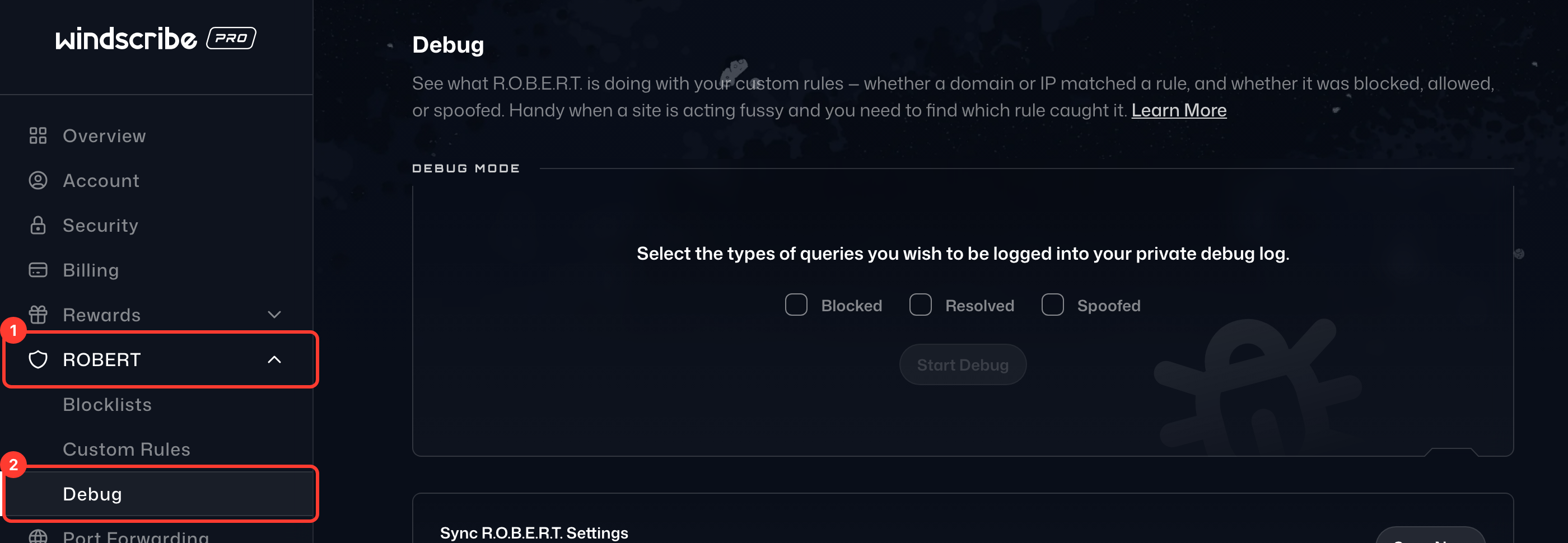 The Debug tab under R.O.B.E.R.T. in the My Account sidebar
