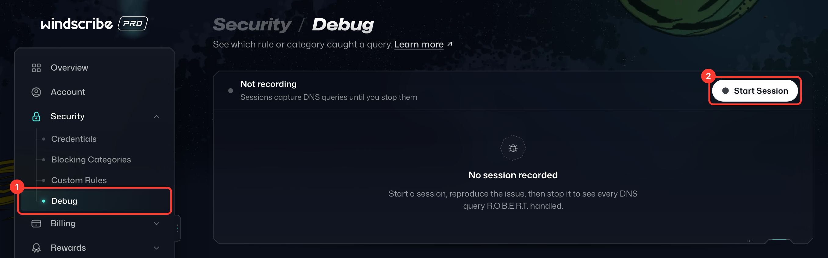 Debug hervorgehoben unter Sicherheit in der Seitenleiste von Mein Konto und Sitzung starten hervorgehoben auf der Seite Debug