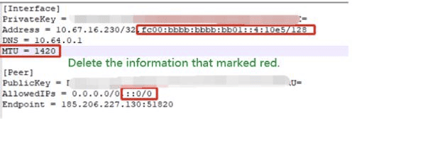 Kommentierte WireGuard-Konfiguration mit der zu entfernenden IPv6-Adresse, MTU-Zeile und dem zu entfernenden IPv6-Eintrag AllowedIPs